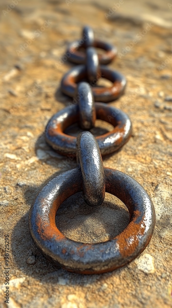 Poster a close-up view of a rusty metal chain link against a textured surface, highlighting the weathered a