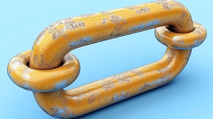 A close-up view of a large, rusty yellow metal chain link against a blue background, showcasing its weathered texture and imperfections.