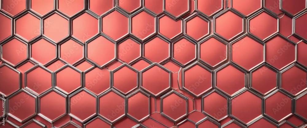 Poster a close-up view red and silver hexagonal pattern, with the hexagons arranged in a repeating pattern and the background blurred to emphasize the pattern