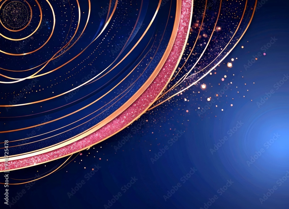 Poster a dark blue background with a striking abstract design The design includes a central pink and gold circular shape, surrounded by a series of concentric circles in varying