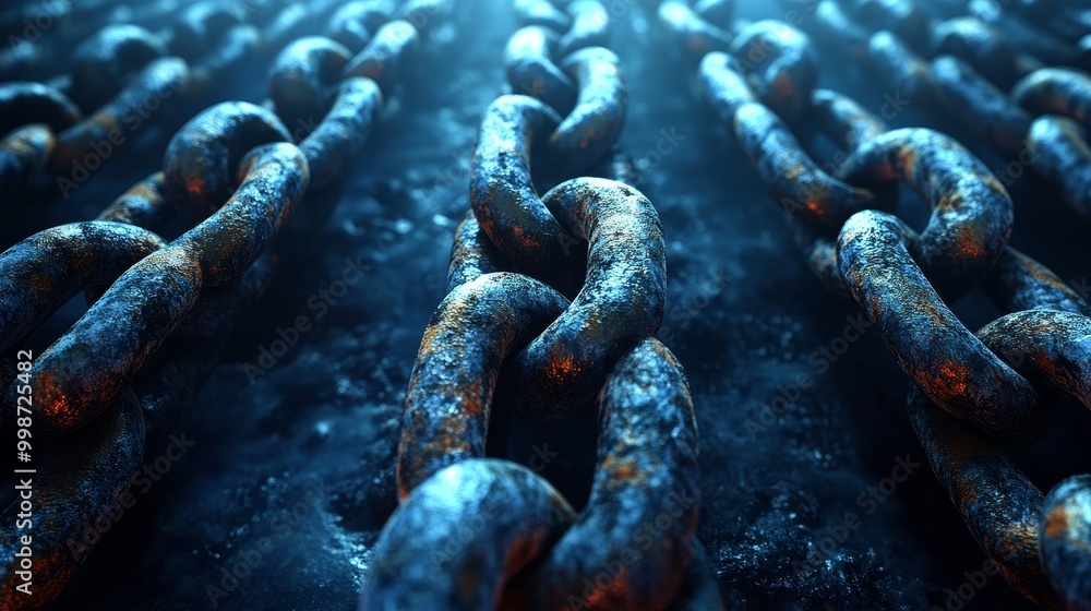 Aufkleber a close-up view of interlinked metal chains showcasing rust and texture in a dramatic composition, i