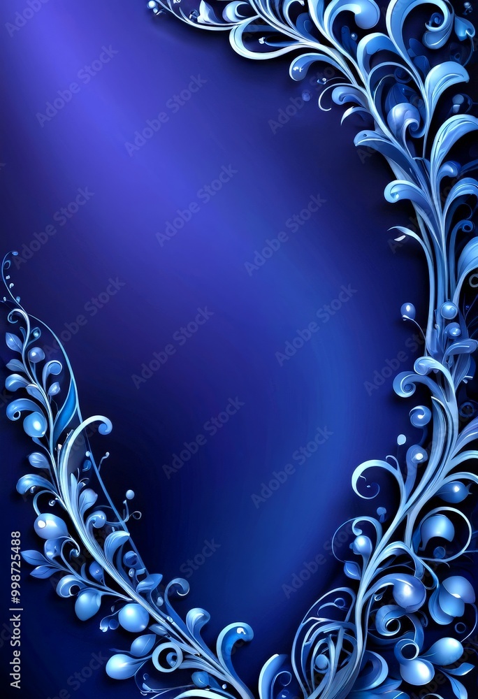 Poster a dark blue background with a decorative pattern of blue swirls and curves, creating a sense of movement and elegance