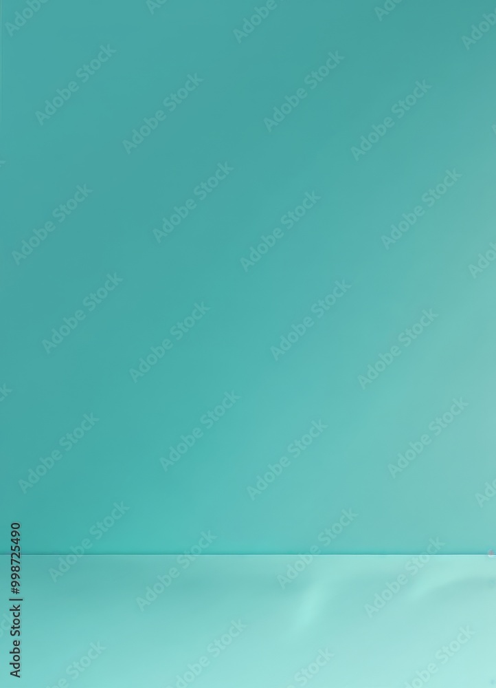 Poster a minimalist turquoise wall with a subtle gradient effect, featuring a small pink object in the bott