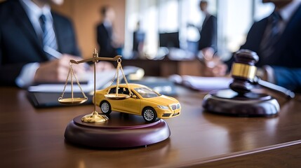 Justice and Law Scale with Toy Car on Wooden Desk