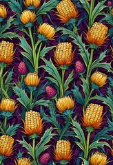 a repeating pattern of yellow flowers with green leaves against a purple background