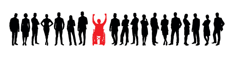 Handicapped man in wheelchair raising arms among diverse group of businessmen standing together silhouette.