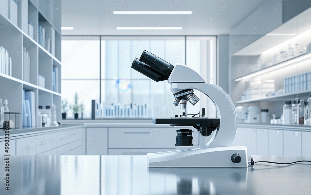 Poster a modern laboratory with an advanced microscope