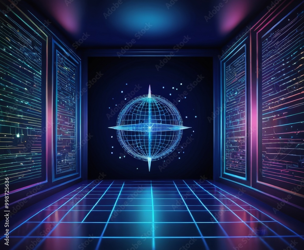 Aufkleber A futuristic room with a large screen displaying a globe and a star-like pattern, surrounded by computer servers with glowing lines and dots
