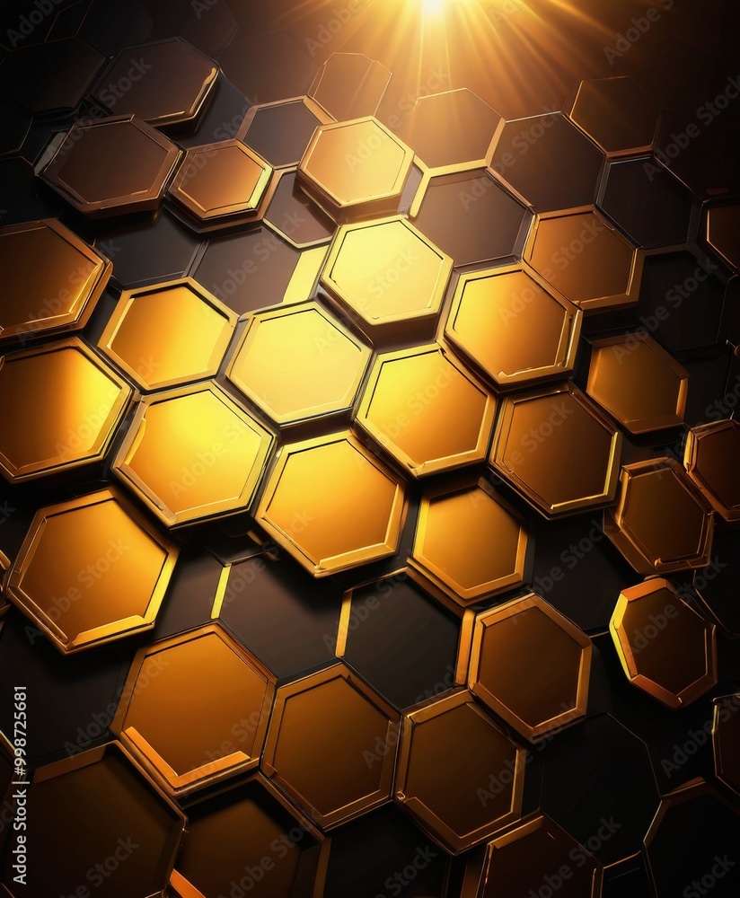 Poster a repeating pattern of hexagonal shapes in varying shades of gold and black, creating a visually striking and geometric design