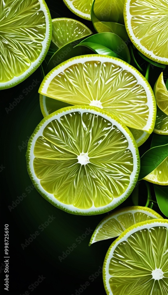Poster a close-up view of several slices of lime, showcasing their vibrant green color and intricate patter