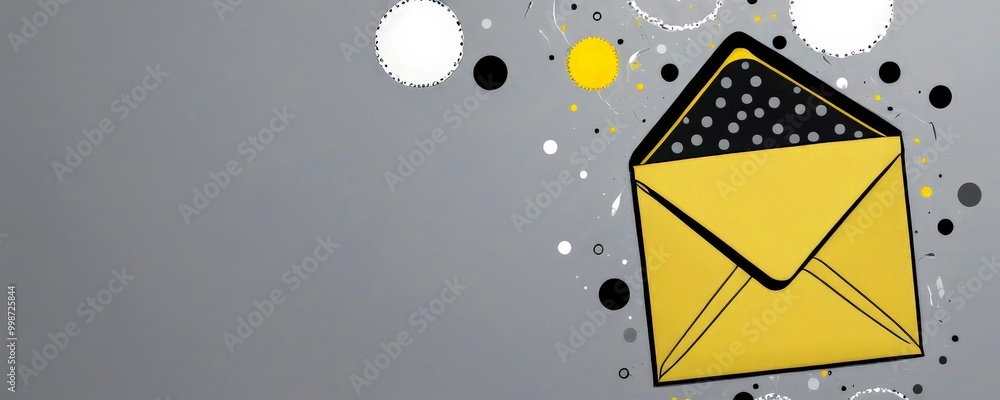 Poster A yellow envelope with a black flap and white polka dots is depicted against a gray background, surrounded by scattered black and white dots and circles