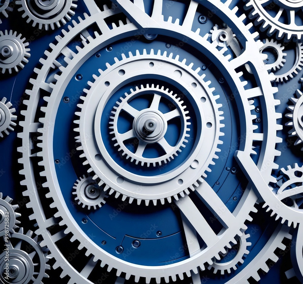 Poster A close-up view complex mechanical system, featuring a central gear surrounded by a series of smaller gears and cogs, all set against a blue background