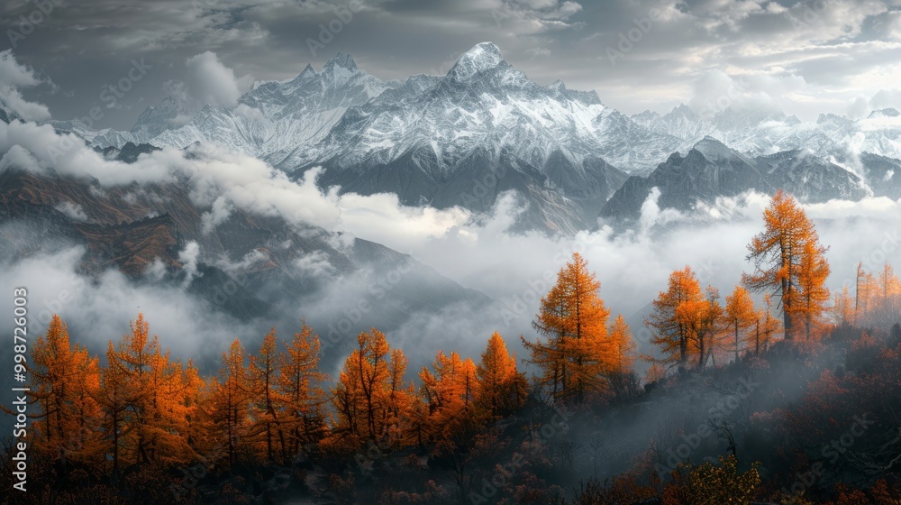 Poster a mountain range covered in snow and clouds with trees in the foreground