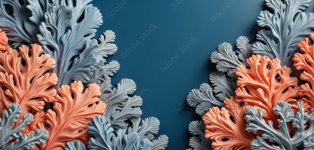 Poster a close-up view collection of artificial coral or leaf-like structures in shades of orange and gray 