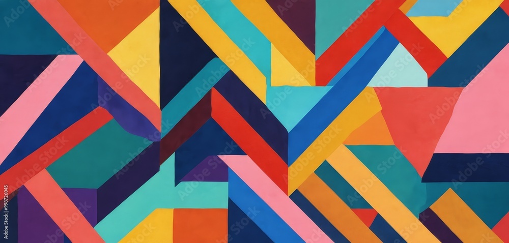 Aufkleber a vibrant abstract painting featuring a geometric pattern of intersecting lines and shapes in a variety of bold, bright colors including red, orange, yellow,