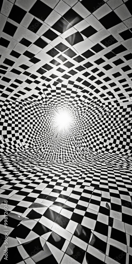 Poster a black and white checkered floor with a central light source, creating a mesmerizing optical illusion of depth and movement