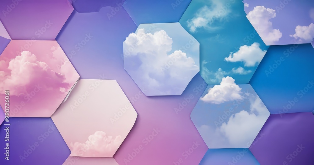Poster a vibrant abstract composition of hexagonal shapes in various pastel colors, with each shape contain