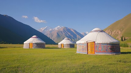 Uzbek yurts amidst majestic mountains for nomadic adventure and cultural exploration prints