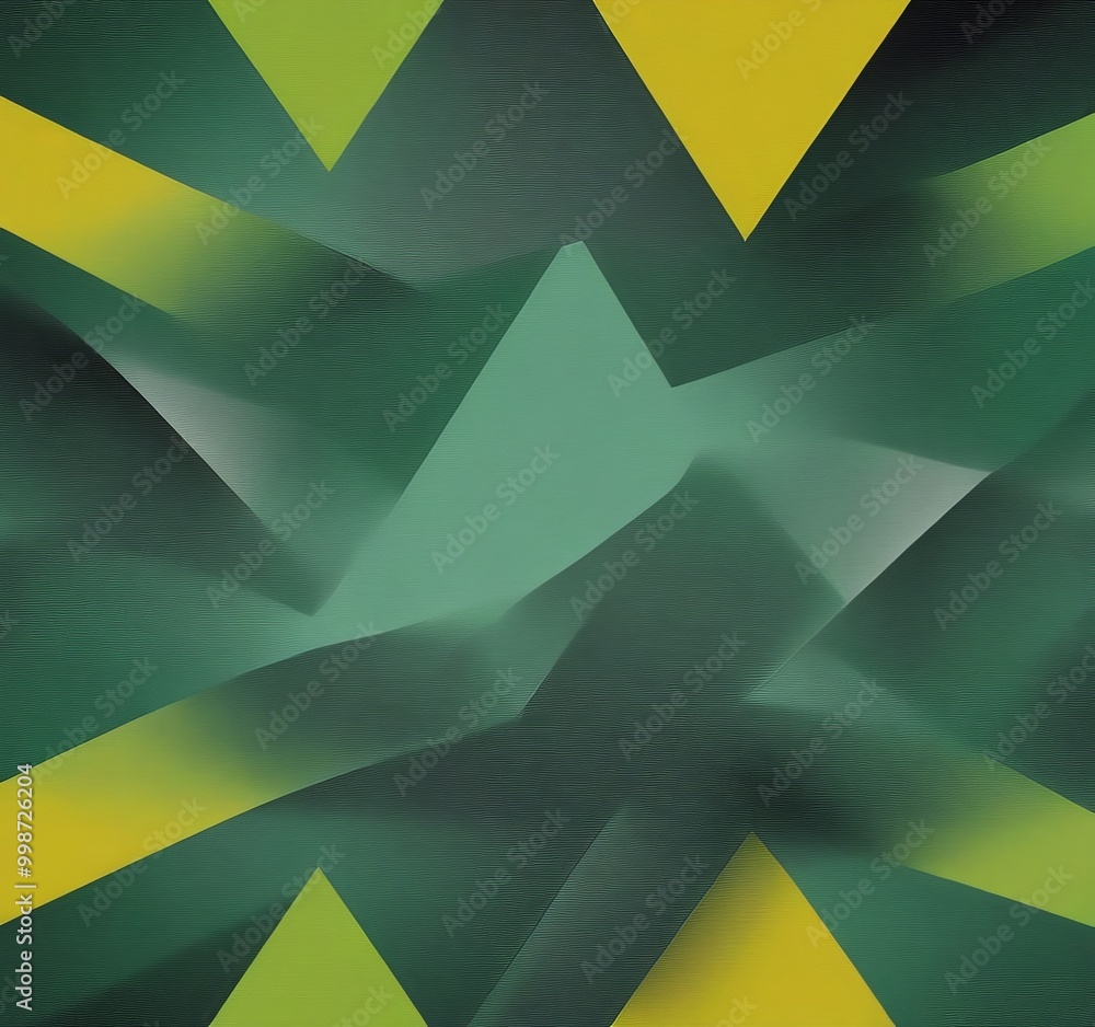 Poster a vibrant abstract composition of overlapping triangles in various shades of green and yellow, creating a dynamic and visually striking pattern