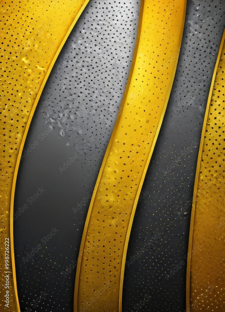 Poster a striking abstract pattern of curved lines in yellow and black, with small holes or perforations along the lines, creating a sense of depth and texture