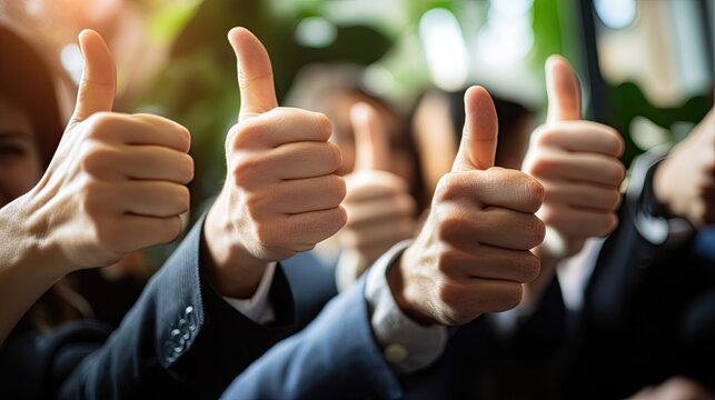 Businessman giving thumbs up to show gratitude, success in job interview in office.