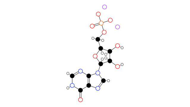 disodium inosinate molecule, structural chemical formula, ball-and-stick model, isolated image e631
