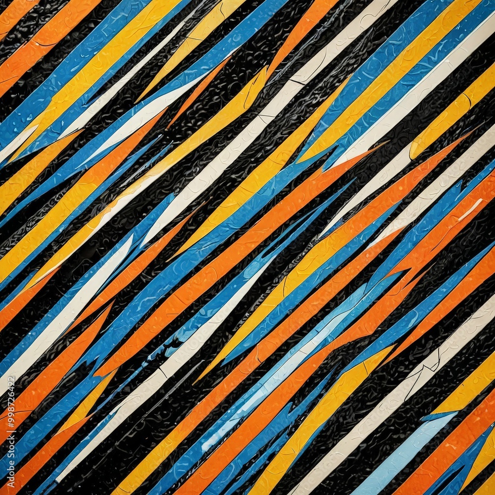Poster a vibrant abstract composition of diagonal lines in various colors, including blue, orange, and black, creating a dynamic and visually striking pattern