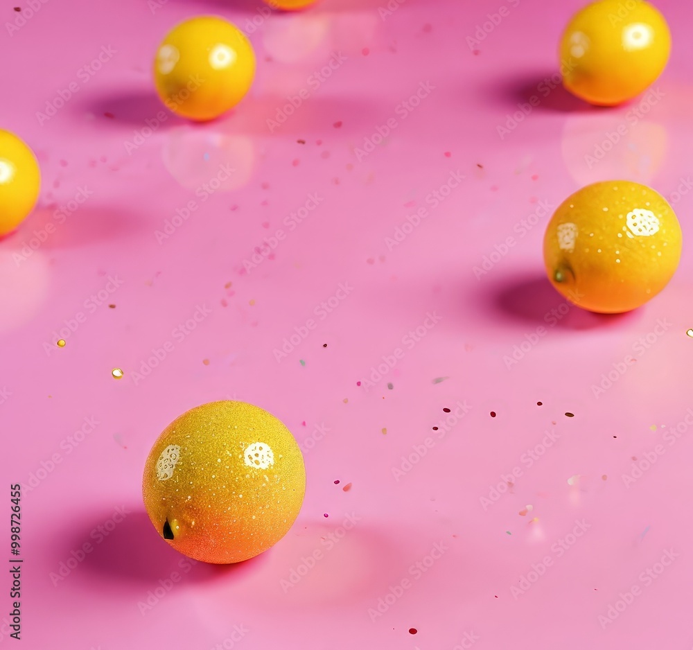 Poster a group of yellow spheres with white spots are scattered across a pink background, creating a playfu