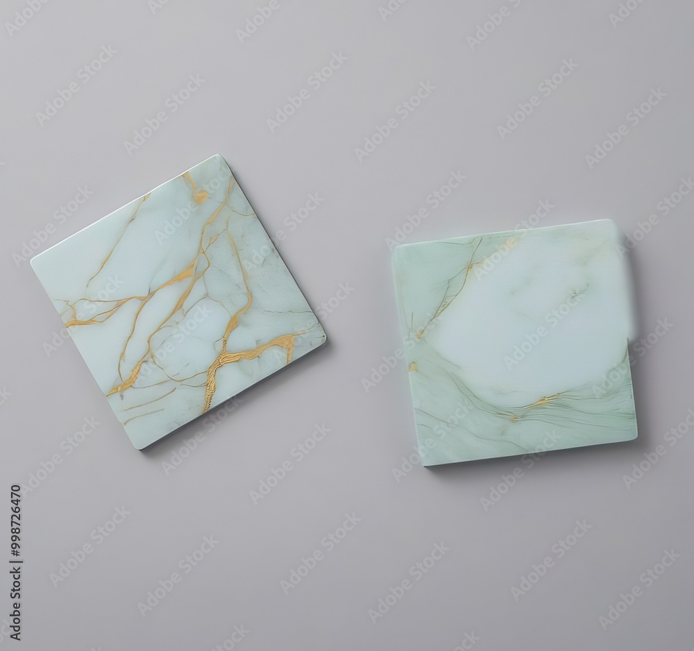 Aufkleber two square coasters with marble patterns in light blue and light green are placed against a gray bac