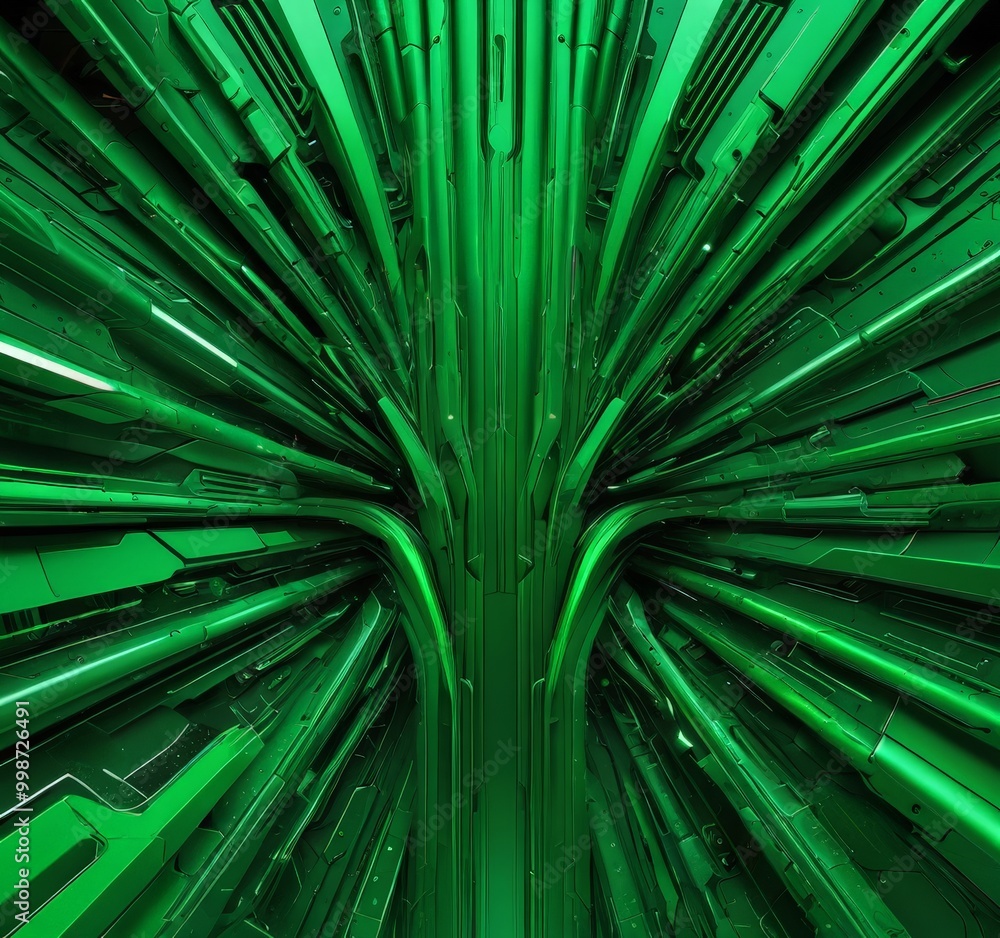 Fototapete a complex, abstract pattern of intersecting green lines and tubes, creating a sense of depth and dimensionality in a style, with the green lines and