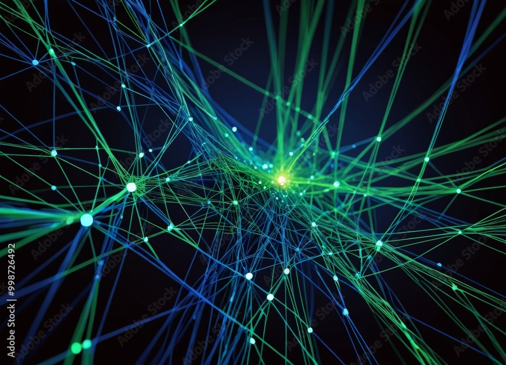Poster a complex network of interconnected lines and dots, with a central bright light source illuminating the scene The lines and dots are arranged in a