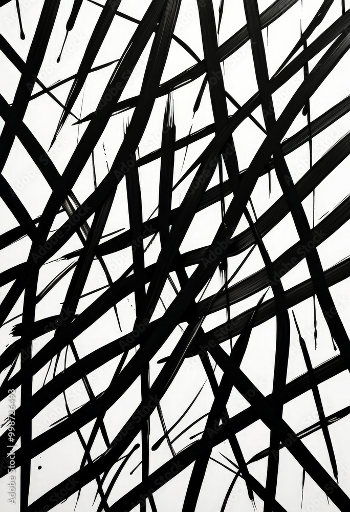 Poster a black and white abstract composition featuring intersecting lines and brushstrokes, creating a sense of depth and texture