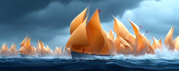 A dramatic scene of ships with vibrant orange sails navigating through turbulent waters under a stormy sky.