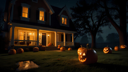 Halloween pumpkins placed in front of a house at night