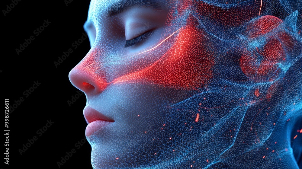 Poster a futuristic digital portrait showcasing a serene face with glowing lines and patterns, symbolizing 
