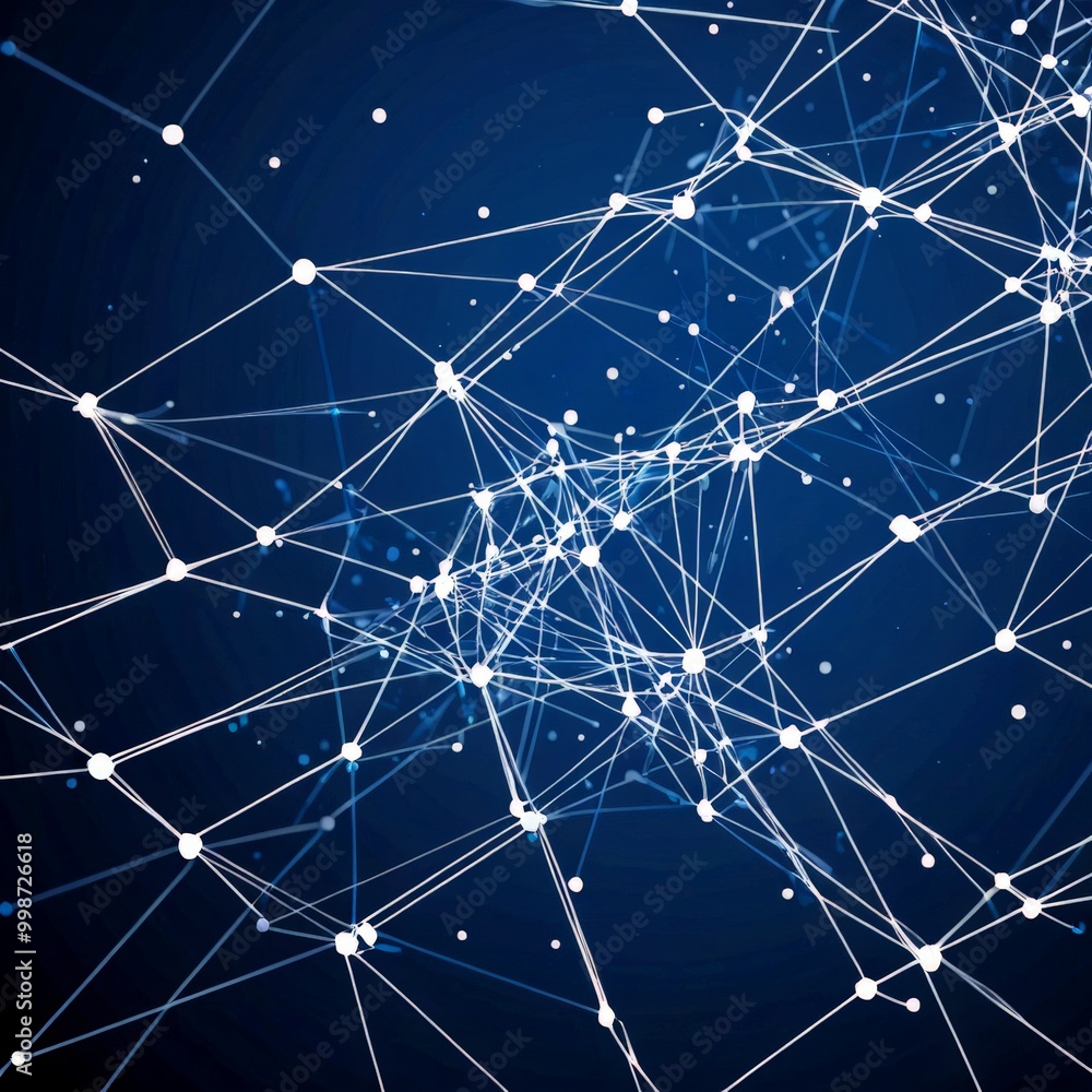 Poster a complex network of interconnected lines and dots, resembling a digital or technological network The lines and dots are arranged in a way that creates a