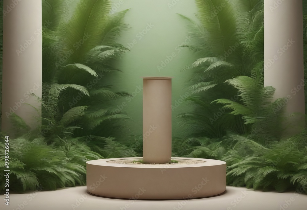Aufkleber A cylindrical white pillar stands in the center circular platform, surrounded by lush green ferns and towering columns, creating a serene and tranquil atmosphere