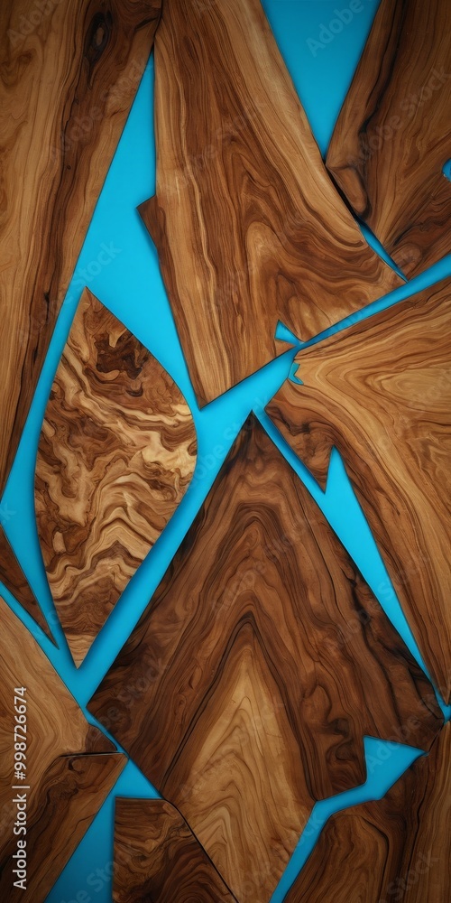 Poster a close-up view collection of wooden planks or slats, each with distinct wood grain patterns, arrang