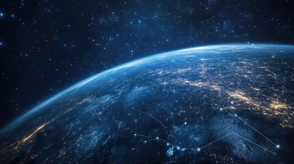Obraz premium Nighttime world from space with light trails of communication and connectivity. Global communication.