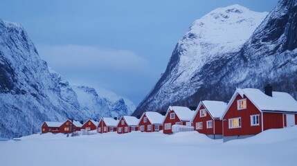 Winter serenity: snow-covered mountain huts in the norwegian wilderness