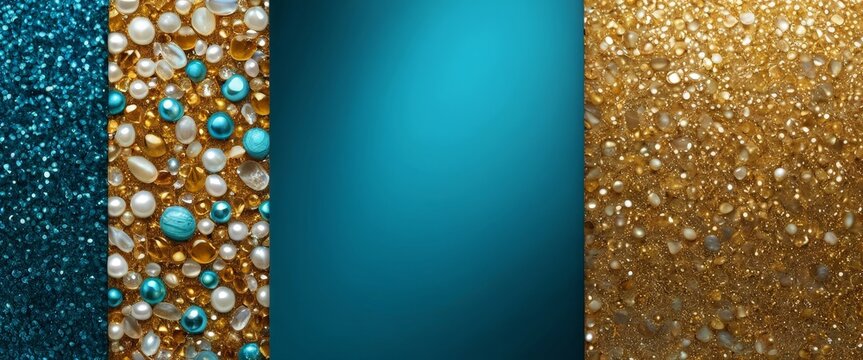 three distinct sections glittery background, each with a unique color scheme and texture The left section features a blue and white pattern, the