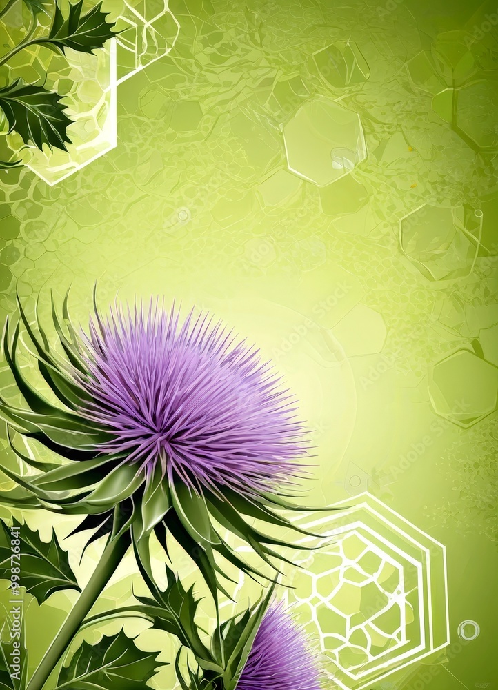 Aufkleber a vibrant purple thistle stands out against a green background adorned with hexagonal shapes and bub