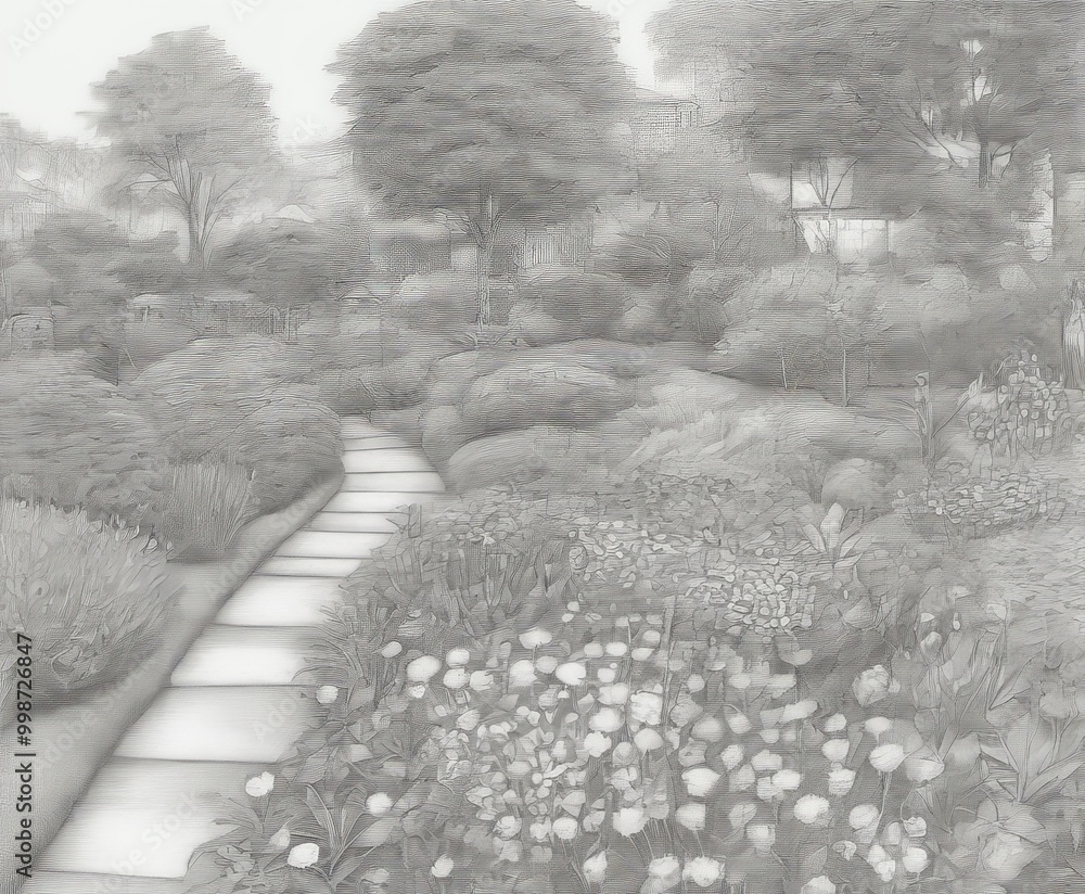 Poster a monochrome image of a winding path leading through a garden filled with flowers and trees.