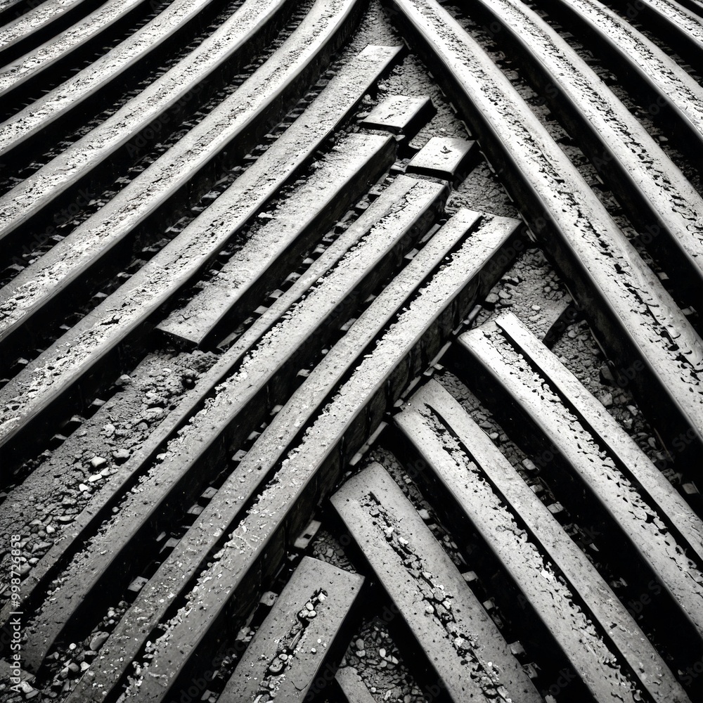 Poster a close-up black and white photograph series of parallel train tracks, with the tracks appearing to 