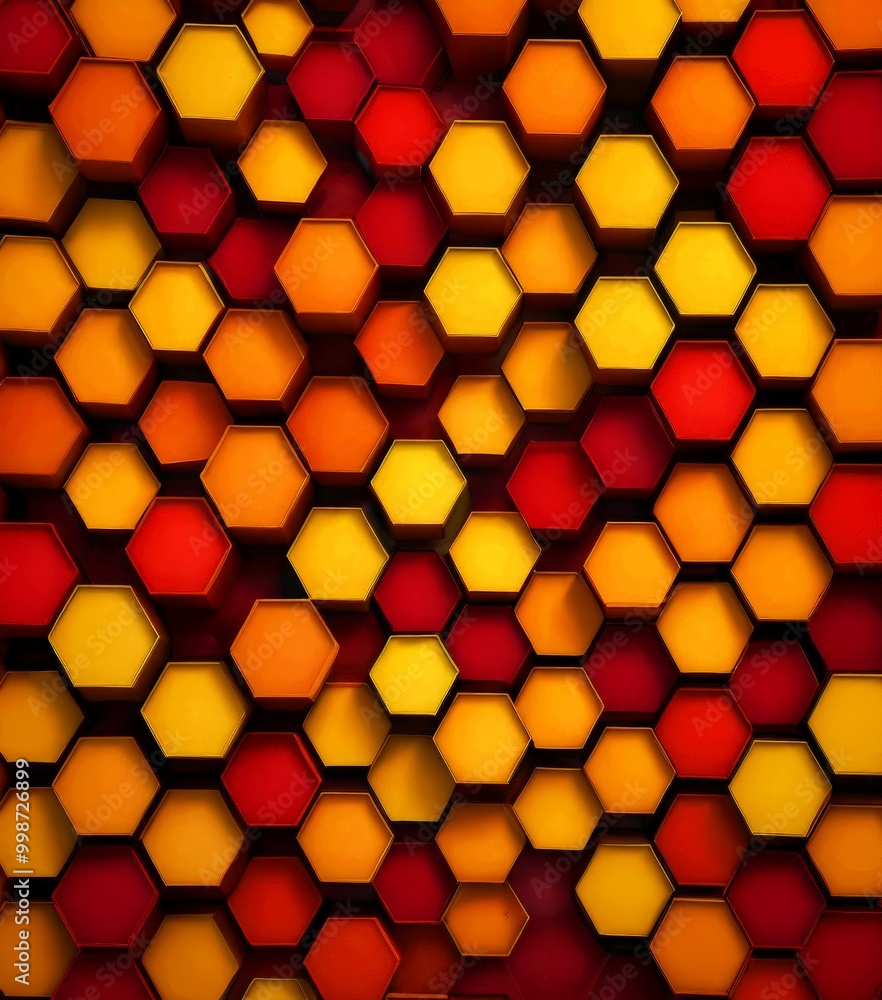 Fototapete a repeating pattern of hexagonal shapes in various shades of red, orange, and yellow, creating a visually striking and geometric design