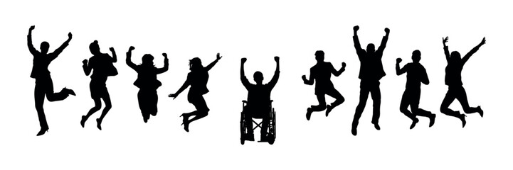 Happy disabled man on wheelchair raising hands with friends jumping together silhouette vector.