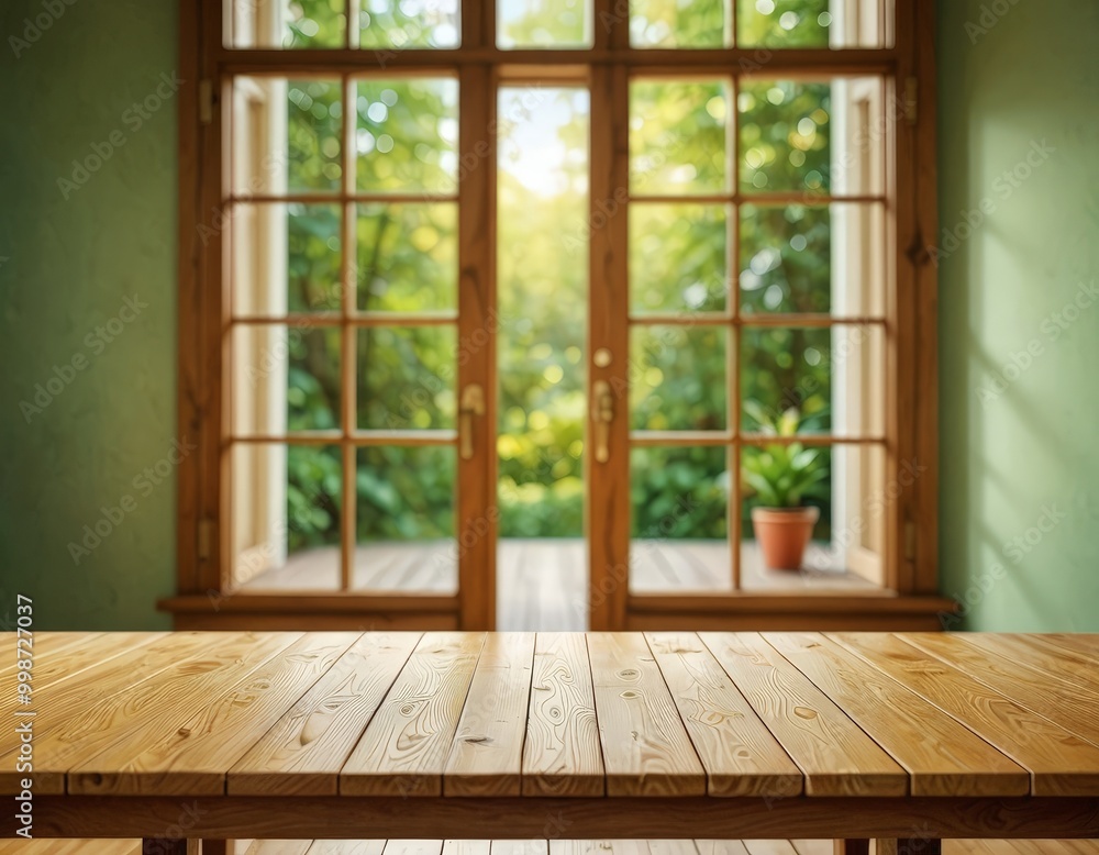 Aufkleber a wooden table sits in the foreground, with a large window in the background offering a view lush ga