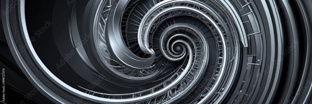 Aufkleber a spiral staircase with a metallic, futuristic design, featuring a repeating pattern of curved lines and a central black element.