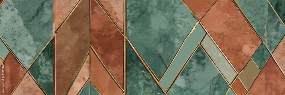 Poster a geometric pattern composed of intersecting lines and triangles in various shades of green, brown, and orange, creating a visually striking and abstract design