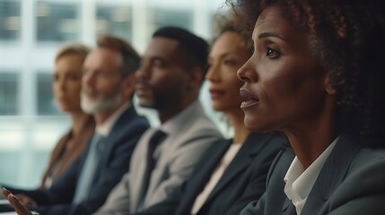 Obraz premium A diverse group of professionally dressed individuals engages in a meeting, showing focus and attentiveness in a modern office setting.